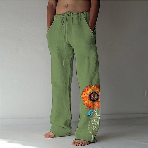 Men's Trousers Summer Pants Beach Pants Elastic Drawstring Design Front Pocket Straight Leg Graphic Prints Hand Flower / Floral Soft Outdoor Casual Daily For Vacation Cotton And Linen Fashion