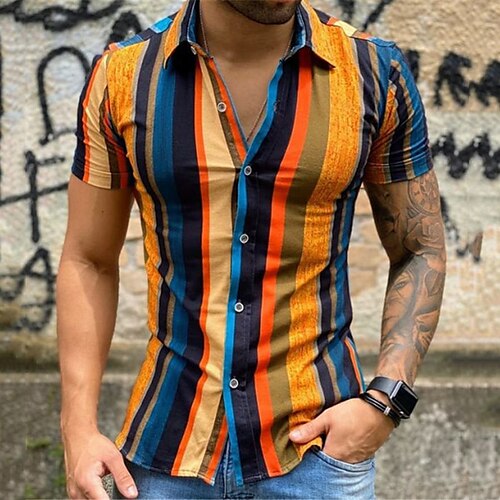 

Men's Shirt Graphic Striped Turndown Orange Outdoor Street Short Sleeve Button-Down Print Clothing Apparel Fashion Casual Breathable Comfortable / Summer