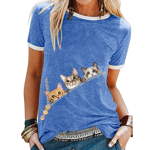 

Women's T shirt Tee Green Blue Purple Graphic Animal Patchwork Print Short Sleeve Daily Weekend Basic Round Neck Regular Cat S