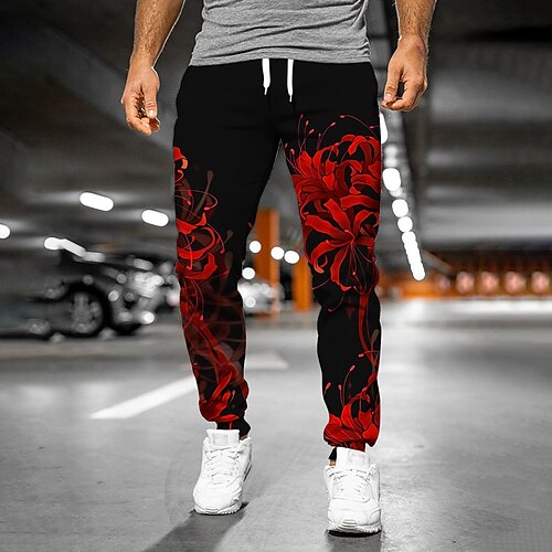 

Herre Joggebukser Jogger Bukser Sidelommer 3D-utskrift Elastisk snordesign Grafisk Blomst Pustende Myk Full lengde Daglig Fritidssport Designer Avslappet / Sportslig Svart / Rød Mikroelastisk