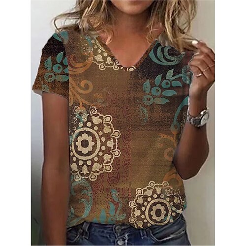 

Women's Casual Daily T shirt Tee Floral Geometric Short Sleeve Patchwork Print V Neck Basic Ethnic Vintage Tops Brown S / 3D Print