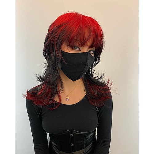 

Long Red Black Wig Layered Shaggy Wig with Bangs Soft Synthetic Cosplay Hair Wig for Women