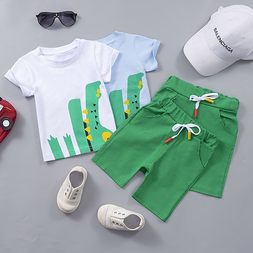 

2 Pièces T-shirt Short Ensemble de Vêtements Tenues Enfants Garçon Bande dessinée Dinosaure Manche Courte A Volants Set Extérieur Actif Mode Eté 1-3 ans Bleu clair Blanche