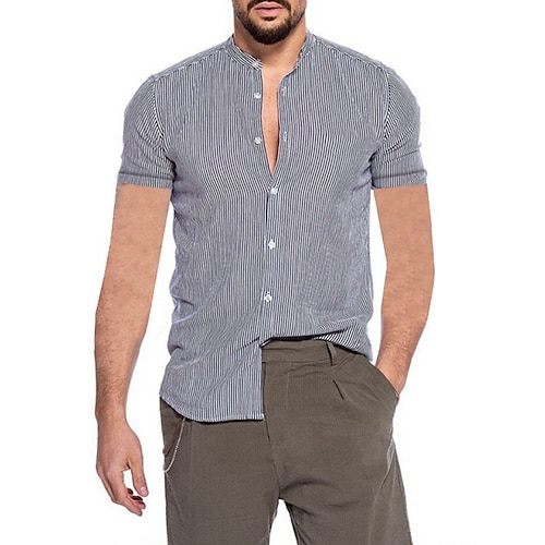 

Homme Chemise Rayé Col Mao Bleu clair Extérieur Plein Air Manches Courtes Bouton bas Vêtement Tenue Mode Casual Respirable Confortable