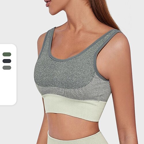 

Women's Sports Bra Medium Support Summer Open Back Removable Pad Stripes Dark Grey Army Green Spandex Yoga Fitness Gym Workout Bra Top Sport Activewear Breathable Quick Dry Comfortable Stretchy Slim