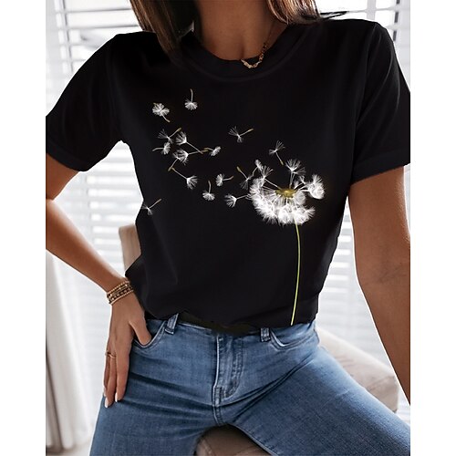 

Women's T shirt Tee Black Dandelion Print Short Sleeve Casual Holiday Basic Round Neck Regular Floral Painting S / 3D Print