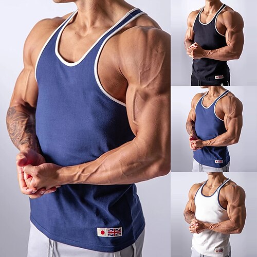 

Men's Sleeveless Running Tank Top Running Singlet Workout Tops Stripe-Trim Top Summer Cotton Breathable Quick Dry Soft Fitness Gym Workout Running Active Training Jogging Sportswear Stripes Blue