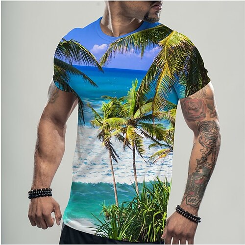 

Men's T shirt Tee 3D Print Palm Leaf Crew Neck Holiday Vacation 3D Print Short Sleeve Tops Cotton Ethnic Style Lightweight Hawaiian Slim Fit White / Work / Beach