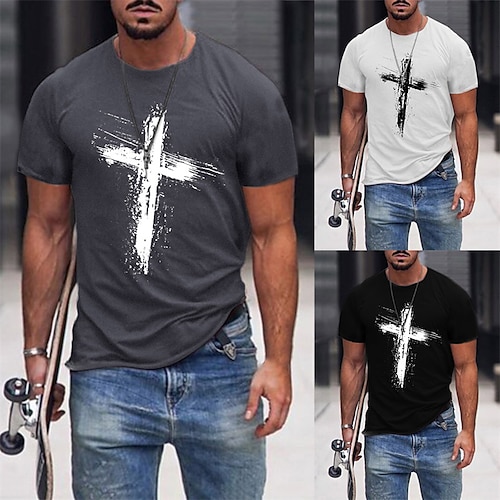 

Men's T shirt Tee Cross Crew Neck Dark Gray White Black Casual Daily Short Sleeve Clothing Apparel Cotton Sports Fashion Lightweight Big and Tall / Summer