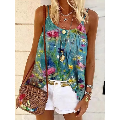 

Women's T shirt Tee Light Blue Floral Patchwork Print Sleeveless Home Casual Ethnic Sexy Hawaiian U Neck Regular Floral S / 3D Print