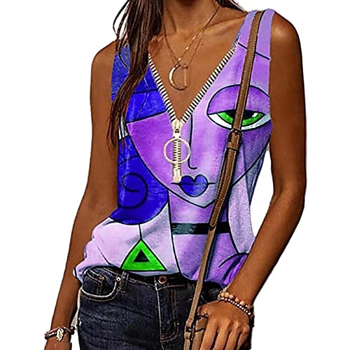 

dame tank tops boho plus size ansigt grafisk print abstrakt maleri ærmeløs tribal t-shirt etnisk v-hals lynlås bluse (en lilla, 5xl)