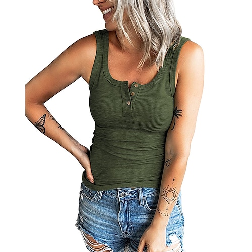 

Women's Henley Shirt Camis Blue Army Green Dark Gray Plain Patchwork Button Sleeveless Casual Daily Casual U Neck Regular Slim S