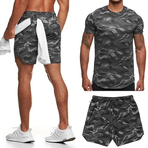 

Herre Træningsdragt sweatsuit 2 stk Atletisk Åndbart Svedtransporende Blød Fitness Løb Løbe Sportstøj Sportstøj Camouflage Mørkegrå Hvid militærgrøn