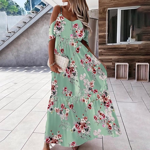 

Women's Slip Dress Boho Dress Long Dress Maxi Dress Green Black Blue Short Sleeve Floral Print Spring Summer Spaghetti Strap Modern 2022 S M L XL XXL