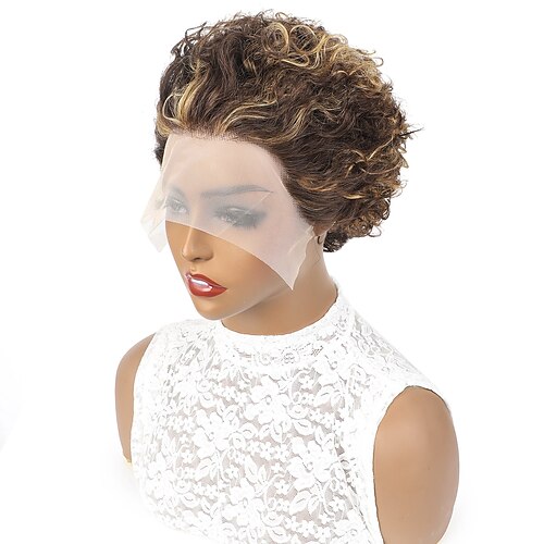 

Remy Human Hair Piano Color P4/27 hair 132 Frontal Wig Pixie Cut Brazilian Hair Curly Black Wig 150% Density