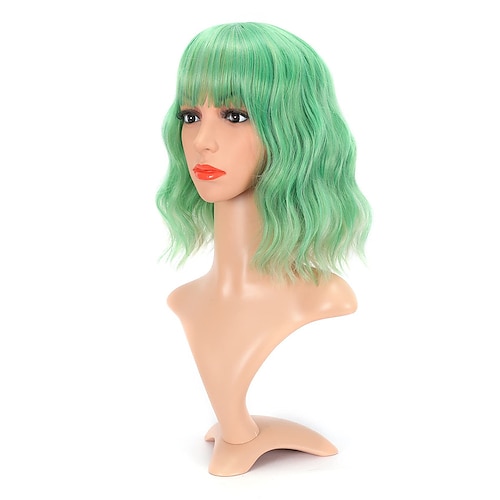 

Natural Wavy Wig With Air Bangs Short Bob Green to Blonde Wigs Women's Shoulder Length Wigs Curly Wavy Synthetic Cosplay Wig Pastel Bob Wig for Girl Colorful Wigs(12T Green/613#)
