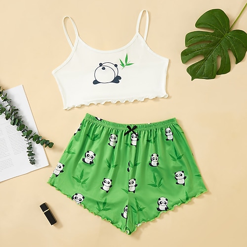 

Women's Pajamas Sets Nighty 1 set Panda Animal Simple Comfort Sweet Home Daily Bed Polyester Crew Neck Sleeveless Strap Top Shorts Elastic Waist Print Spring Summer Green