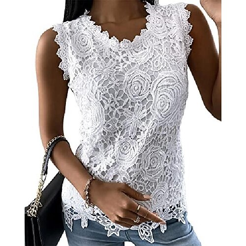 

Womens Sleeveless Summer Lace Tank Top Casual Crew Neck Slim Fit Hollow Out Shirt Blouse White