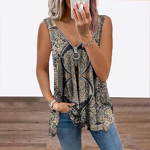 

Women's Tank Top Vest Purple Green Gray Graphic Flowing tunic Quarter Zip Sleeveless Daily Weekend Streetwear Casual V Neck Regular S