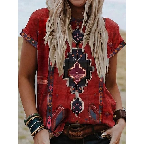 

Women's T shirt Tee Red Graphic Tribal Patchwork Print Short Sleeve Casual Daily Basic Boho Ethnic Round Neck Regular S / 3D Print