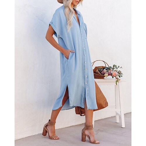 

Women's Denim Dress Knee Length Dress Blue Short Sleeve Solid Color Patchwork Spring Summer Shirt Collar Elegant Casual 2022 S M L XL 2XL