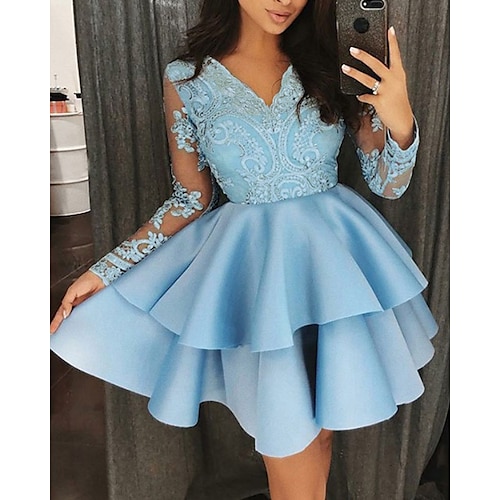 

A-Line Elegant Floral Engagement Cocktail Party Dress V Neck Long Sleeve Short / Mini Satin with Ruffles Tier Lace Insert 2022