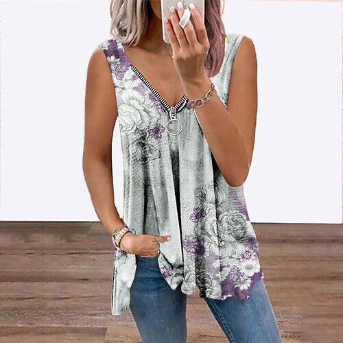

Women's Tank Top Vest Green Blue Purple Floral Flowing tunic Quarter Zip Sleeveless Daily Weekend Streetwear Casual V Neck Regular Floral S / 3D Print / Print
