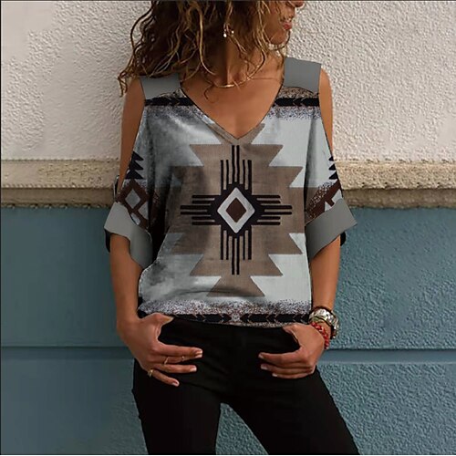 

Women's T shirt Tee White Red Blue Geometric Cold Shoulder Print Short Sleeve Casual Weekend Basic Ethnic V Neck Regular Geometric Painting S