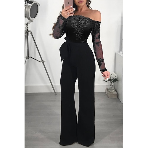 

Jumpsuit / Pantsuit Elegant Sparkedrakter Bryllupsgjest Formell kveld Kjole Løse skuldre Langermet Gulvlengde Blonder med Blondeinnlegg Ren Farge 2022