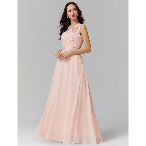 

A-Line Bridesmaid Dress Jewel Neck Sleeveless Elegant Floor Length Chiffon / Lace with Appliques 2022