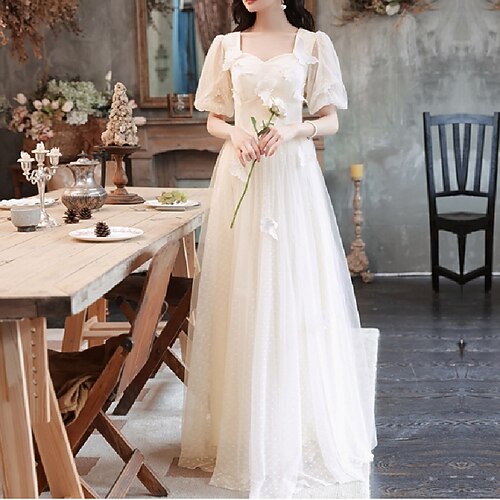 

A-Line Wedding Dresses Scoop Neck Floor Length Tulle Short Sleeve Romantic with Appliques 2022