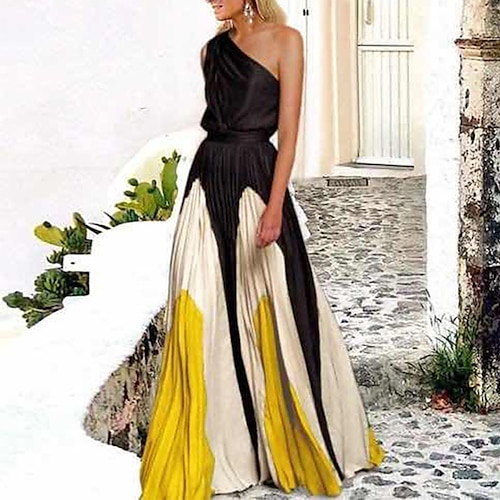 

abito svasato da donna maxi vestito lungo nero e giallo verde e nero nero grigio barra dei colori nera esplosione di fiori neri verde scuro senza maniche color block spalla fredda stampa primavera