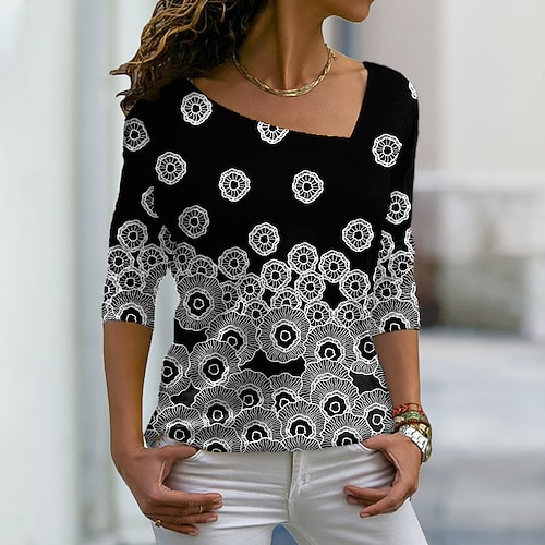

Women's T shirt Tee Green Purple Pink Graphic Print Long Sleeve Casual Weekend Basic V Neck Regular Painting S / 3D Print