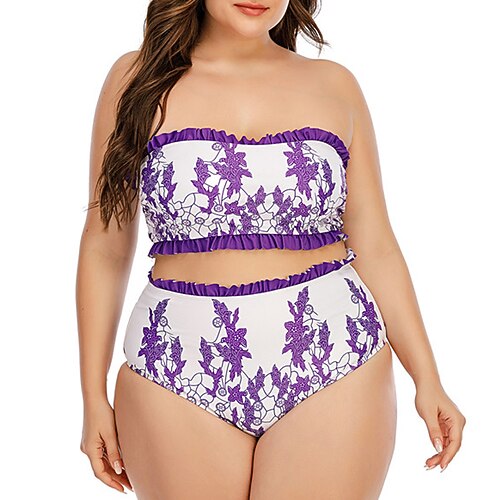 

Mulheres Roupa de Banho Biquíni 2 partes Tamanho Grande roupa de banho Frufru Sem costas Estampado para bustos grandes Floral Roxo Arco de cabelo Sem Alças Fatos de banho Sensual Férias Sensual