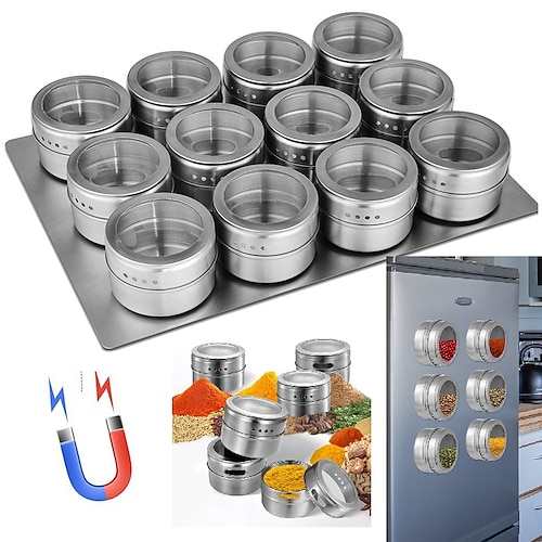 

12pcs/set Magnetic Spice Jars With Wall Mounted Rack Stainless Steel Spice Tins Spice Seasoning Containers with Visible Lid and Base