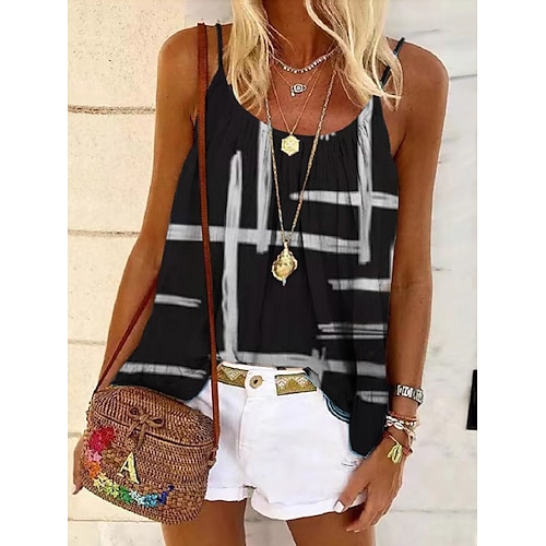 

Women's T shirt Tee Black Striped Patchwork Print Sleeveless Casual Daily Ethnic Sexy Hawaiian U Neck Regular Abstract Hawaii Geometric S / 3D Print