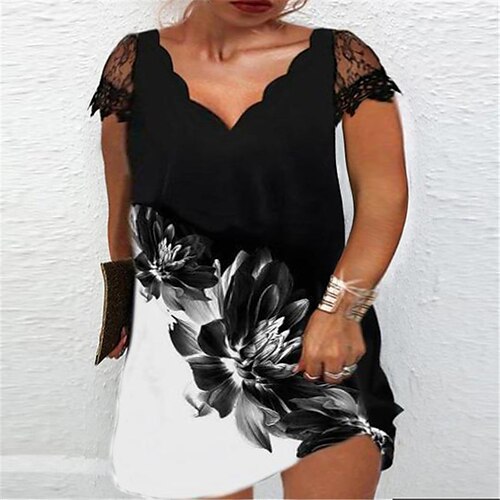 

Women's Plus Size Shift Dress Floral V Neck Lace Short Sleeve Spring Summer Stylish Casual Short Mini Dress Daily Vacation Dress / Print