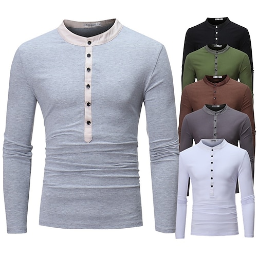 

Men's T shirt Tee Henley Shirt Solid Color Henley Army Green Light gray Dark Gray Coffee White Street Casual Long Sleeve Button-Down Clothing Apparel Cotton Basic Casual Classic Big and Tall