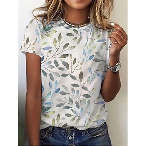 

Women's T shirt Tee Leaf Casual Daily Floral T shirt Tee Short Sleeve Round Neck Basic Essential White S / 3D Print