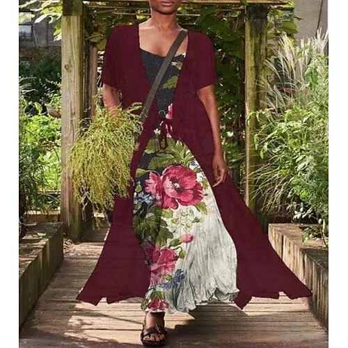 

Women's Dress Set Two Piece Dress Long Dress Maxi Dress Purple Wine Short Sleeve Floral Ruched Spring Summer Crew Neck Loose Fit 2022 S M L XL XXL 3XL 4XL 5XL