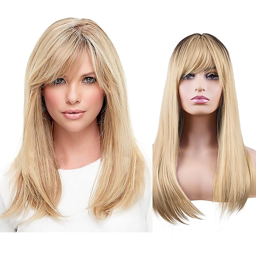 

16 inches ombre blonde wigs with bangs for women long blonde natural cute straight synthetic wig heat resistant wigs for cosplay daily use (16'',blonde)