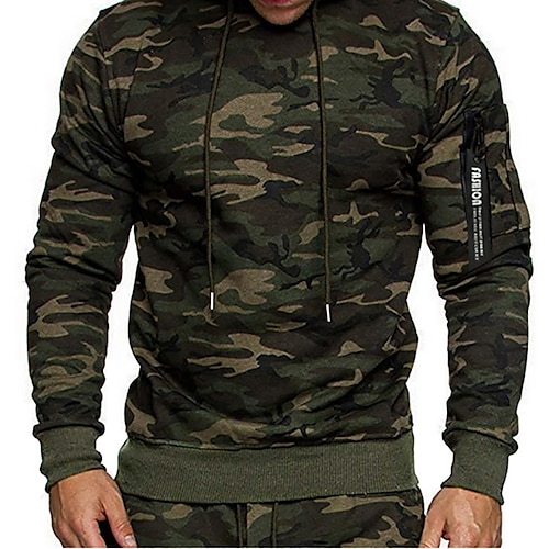 

Men's Camouflage hoodie Outdoor Windproof Breathable Sweat wicking Spring Autumn Camo Pullover Cotton Long Sleeve Hunting Camping Training Dark Grey Black Army Green / Combat