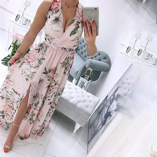 

Women's Plus Size Holiday Dress Floral V Neck Split Sleeveless Spring Summer Casual Sexy Maxi long Dress Causal Daily Dress / Loose Fit / Print