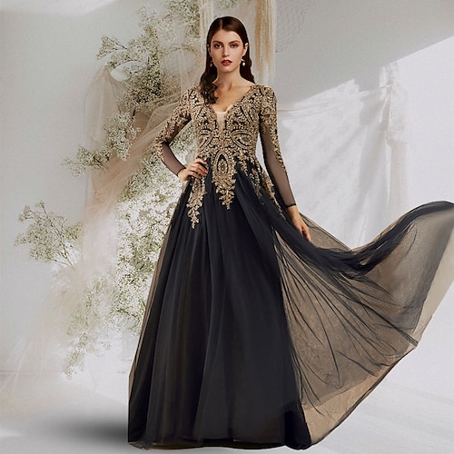 

Ball Gown Luxurious Elegant Prom Formal Evening Dress V Neck Long Sleeve Floor Length Tulle with Sequin Appliques 2022