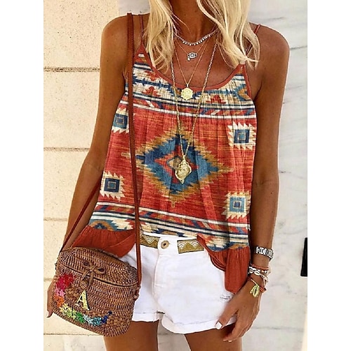 

Women's T shirt Tee Red Plaid Tribal Patchwork Print Sleeveless Casual Daily Ethnic Sexy Hawaiian U Neck Regular Geometric S / 3D Print