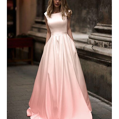 

A-Line Wedding Dresses Jewel Neck Court Train Satin Sleeveless Simple Ombre with Pleats 2022