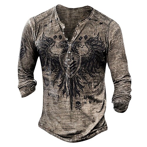 

Men's T shirt Tee Henley Shirt Graphic Eagle Henley Blue Khaki Brown Blue / White 3D Print Plus Size Street Casual Long Sleeve Button-Down Print Clothing Apparel Basic Casual Classic Big and Tall