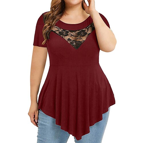 

Women's Plus Size Tops Blouse Plain Lace Short Sleeve Crewneck Streetwear Festival Daily Sports Polyester Spring Summer Black Gray