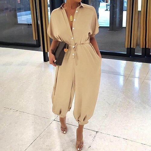 

Women's Jumpsuit Solid Color Shirt Collar Casual Work Daily Regular Fit Short Sleeve Black Leopard Black camouflage Purple Leopard S M L Summer
