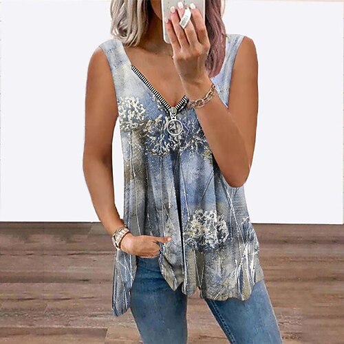 

Women's Tank Top Vest Blue Purple Brown Floral Flowing tunic Quarter Zip Sleeveless Daily Weekend Streetwear Casual V Neck Regular Floral S / 3D Print / Print